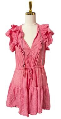 Bell Pink Swiss Dot Ruffle V-Neck Tiered Mini Dress with Hamsa Charm Tie, Size L